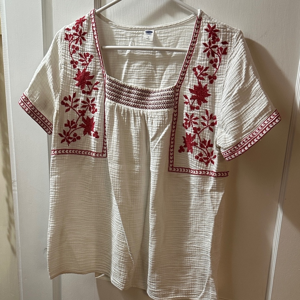 Old Navy White Blouse with Red Floral Embroidery
